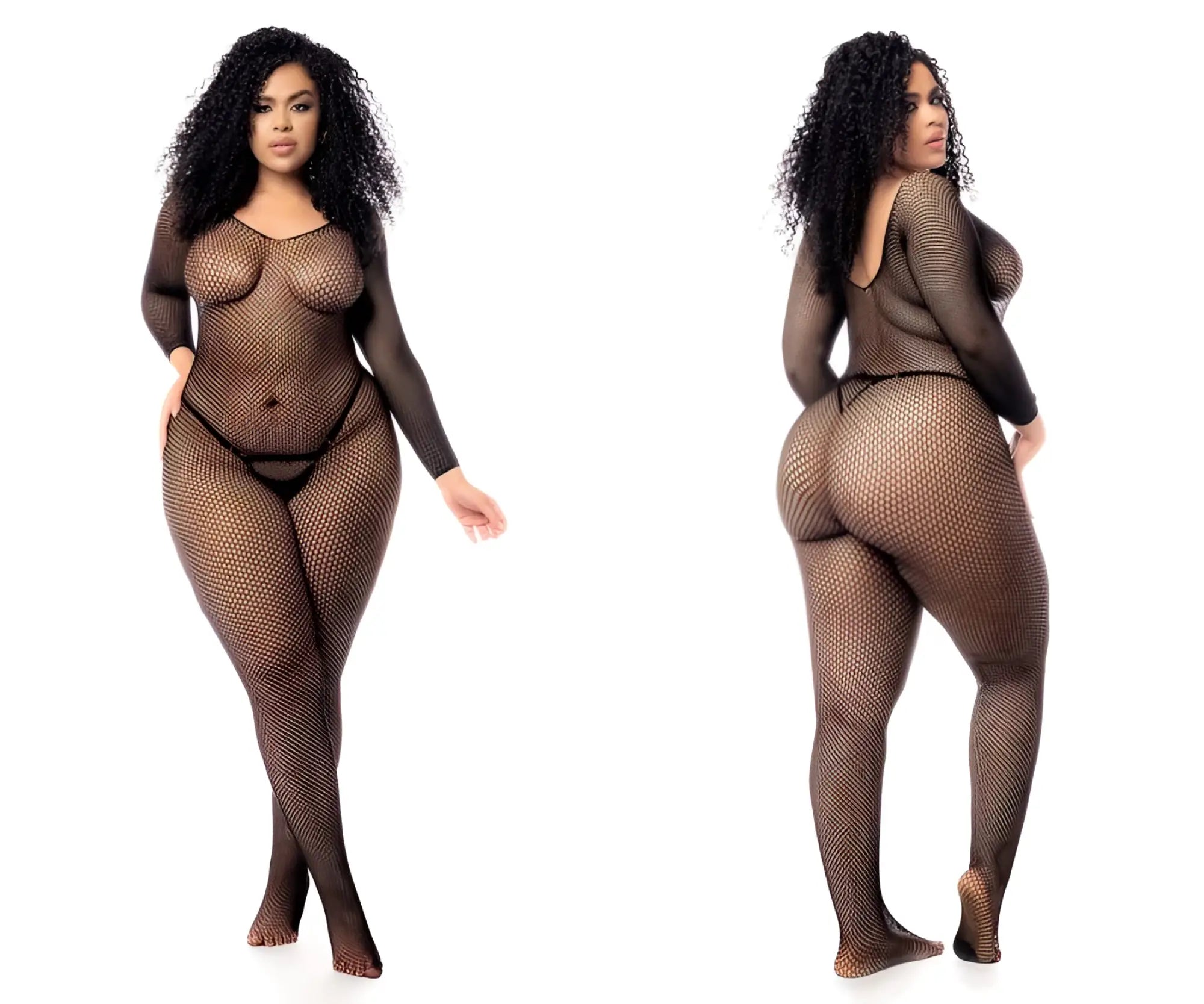 Black long sleeved fishnet bodysuit with matching thong by Mapale 1102X shown from the back