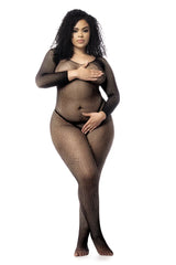 Mapale 1102X black long sleeved fishnet bodystocking with scoop neckline made of sheer mesh fabric