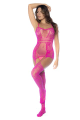 Mapale 1105 fishnet bodystocking in neon pink with vibrant fuchsia lace mesh floral pattern and cut-out details