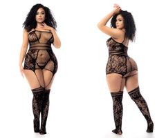 Black lace fishnet bodysuit with matching thigh-high stockings by Mapale in color black showing front view