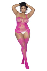 Bright pink neon pink fishnet mesh bodysuit with lace detailing and thigh-high stockings by mapale 1105x