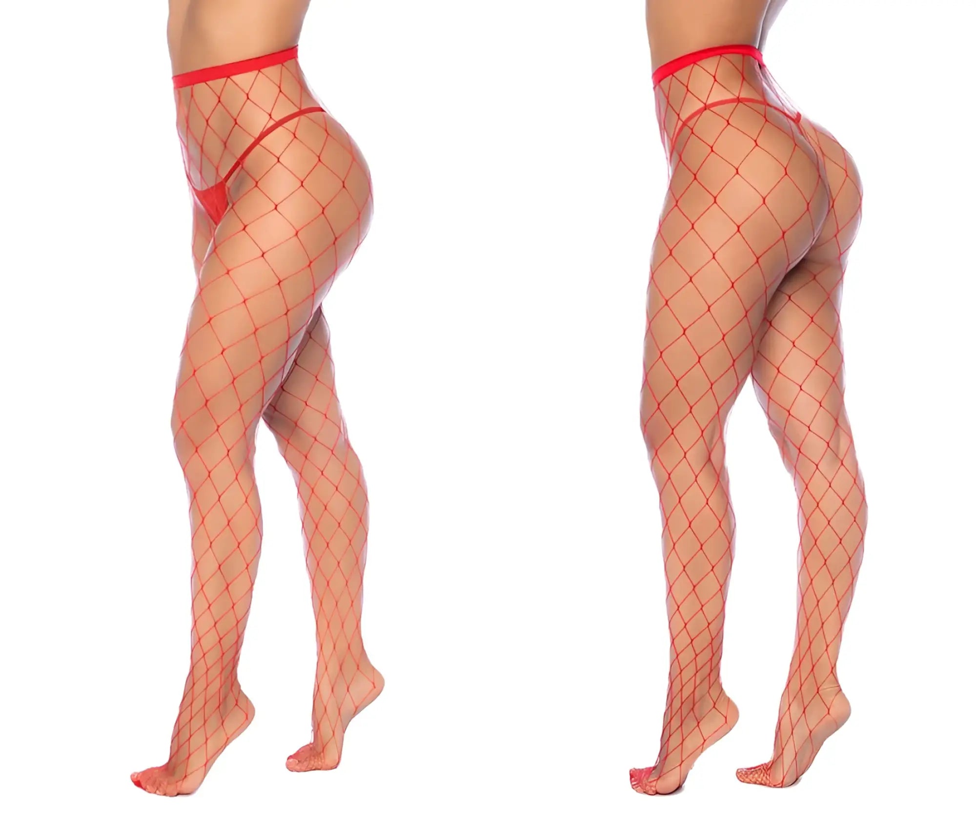 Red fishnet stockings with sheer mesh texture and matching red waistband from mapale 1106 fence net pantyhose collection