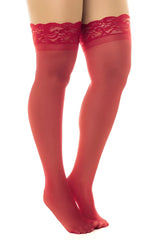 Red sheer thigh-high stockings with lace band at top mapale 1108 sheer thigh highs red color