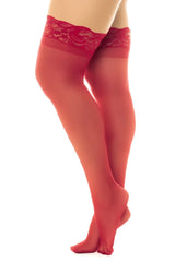 Mapale 1108 sheer red thigh highs with decorative lace band and stay up feature in sheer fabric