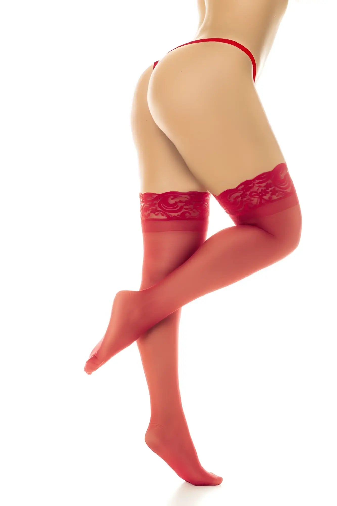 Mapale 1108 sheer red thigh highs with lace top floral embroidery and translucent fabric for stay up fit