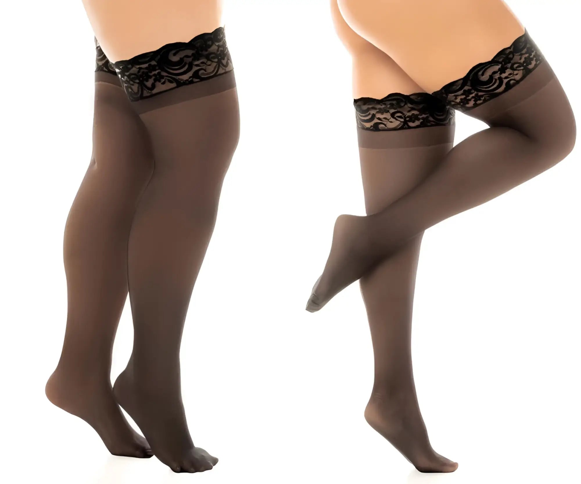 Black lace-edged sheer thigh-high stockings by Mapale in black with stay up feature for elegant wear