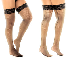 Black lace-trimmed fishnet thigh-high stockings by Mapale in black featuring intricate lace detail