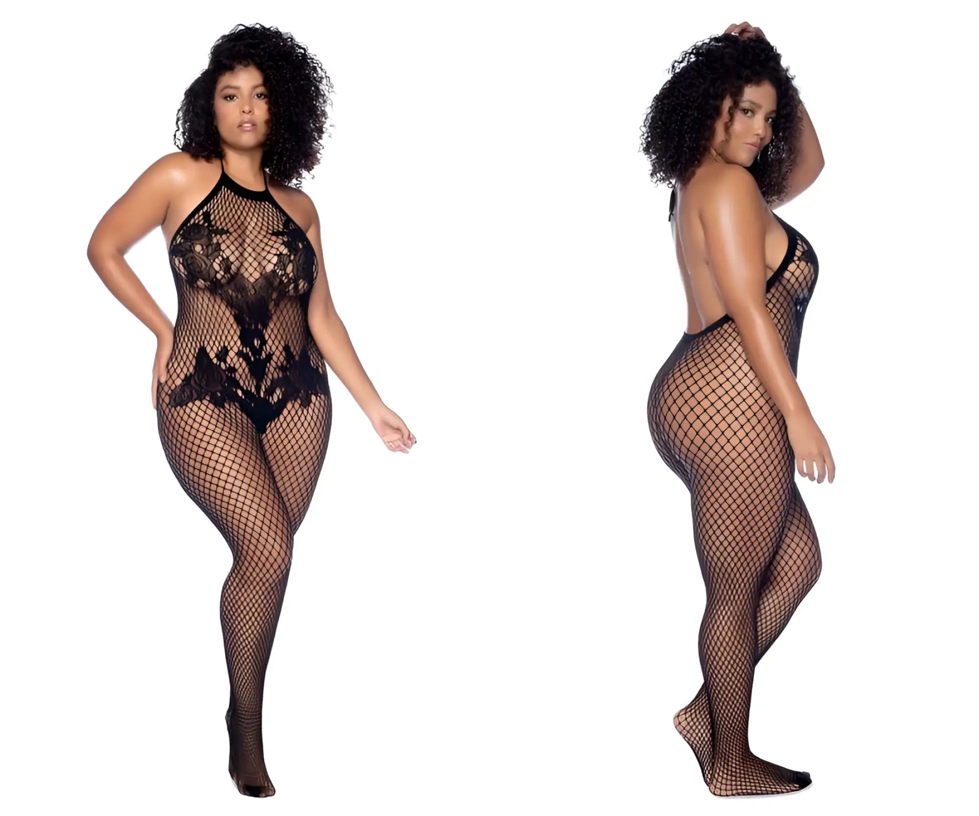 Black mapale 1116x halter black lace bodysuit with fishnet mesh and crotchless floral bodystocking design