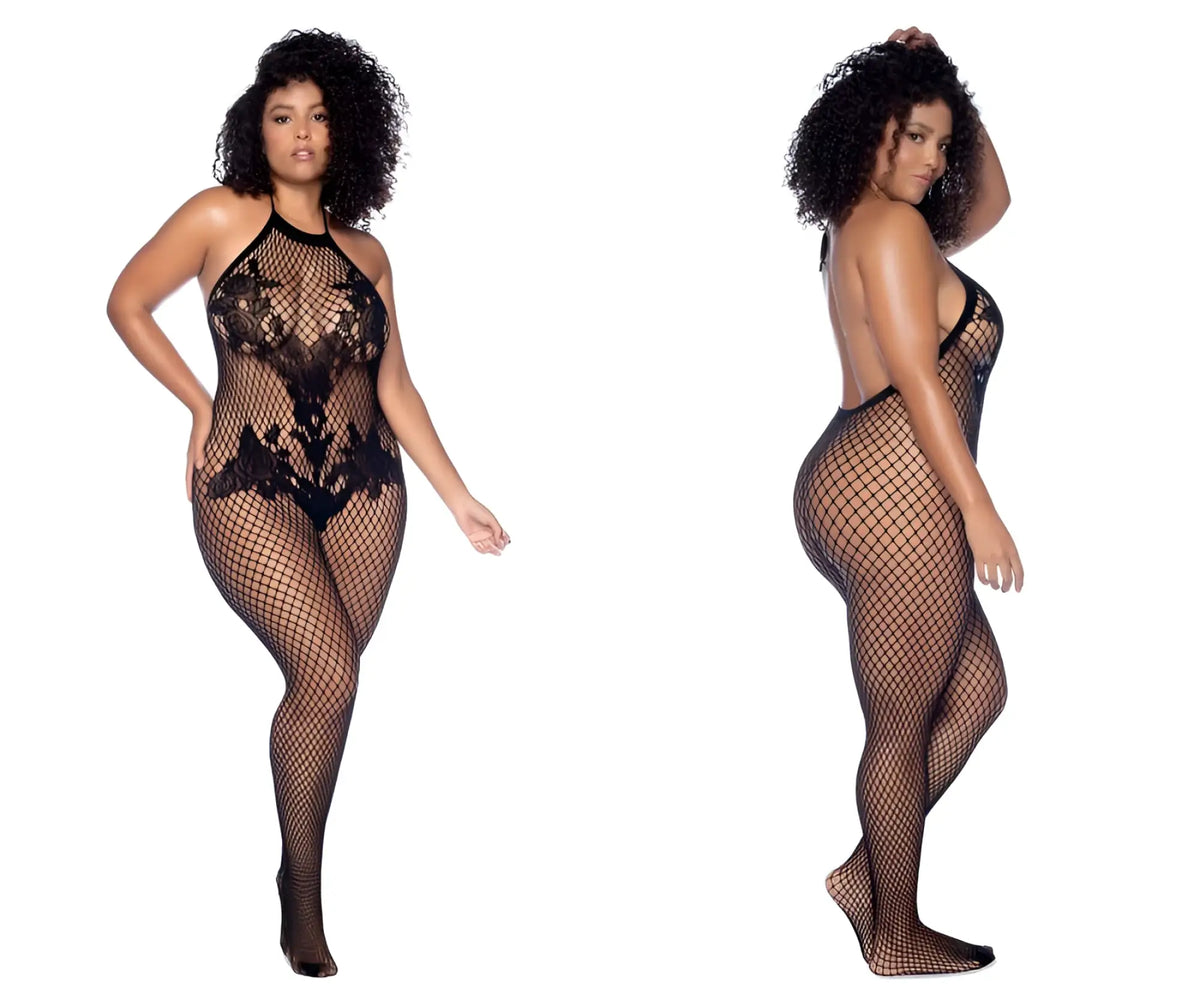Black mapale 1116x halter black lace bodysuit with fishnet mesh and crotchless floral bodystocking design