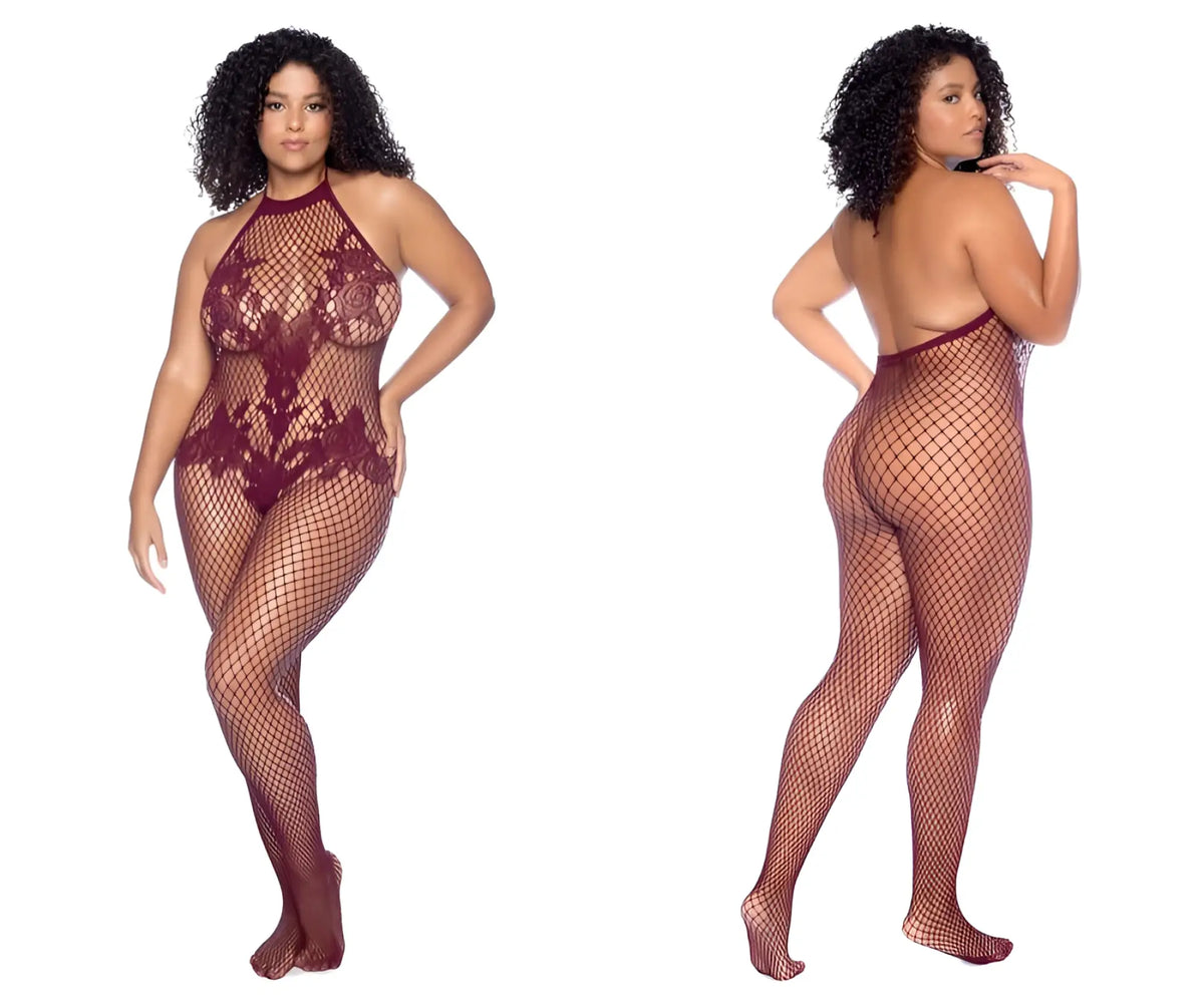 Maroon lace fishnet bodysuit with halter neckline and backless design by mapale model 1116x in cherry color