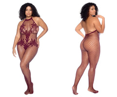 Maroon lace fishnet bodysuit with halter neckline and backless design by mapale model 1116x in cherry color