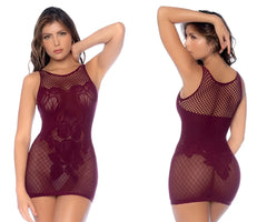 Mapale 1118 sleeveless cherry floral fishnet dress featuring maroon bodysuit with intricate lace detailing
