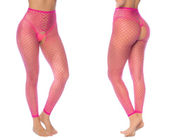 Bright pink neon pink fishnet leggings with high-waisted design and cutout details from mapale 1120 collection