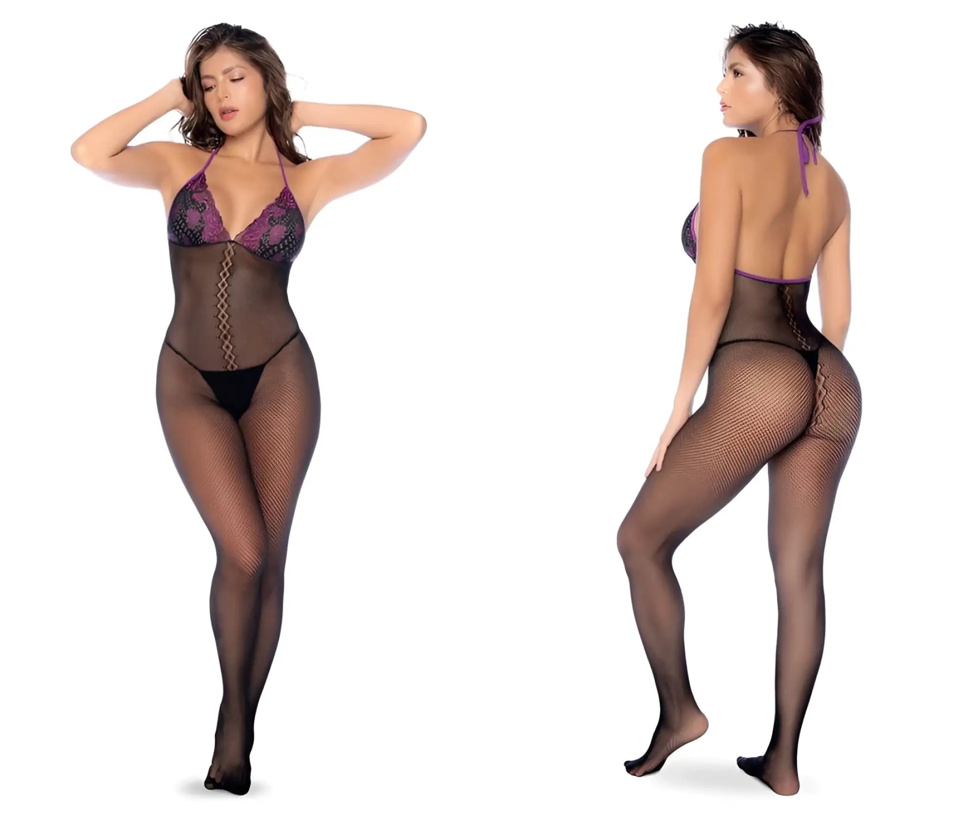 Black fishnet bodysuit with purple lace trim and back tie detail shown from the back in mapale 1122 set