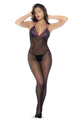 Mapale 1122 black and purple fishnet and lace bodystocking set featuring a halter top and central zipper closure