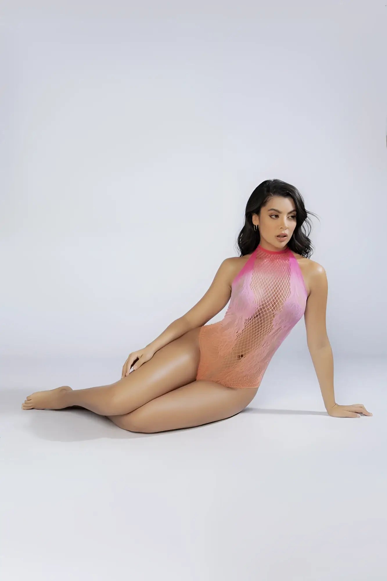 Mapale 1124 floral halter ombre bodysuit in gradient pink and peach mesh with high neckline in sunset color