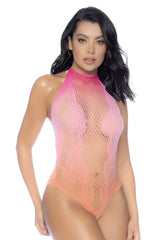 Mapale 1124 floral halter ombre sheer pink to orange gradient mesh one-piece bodysuit with high neckline in sunset color