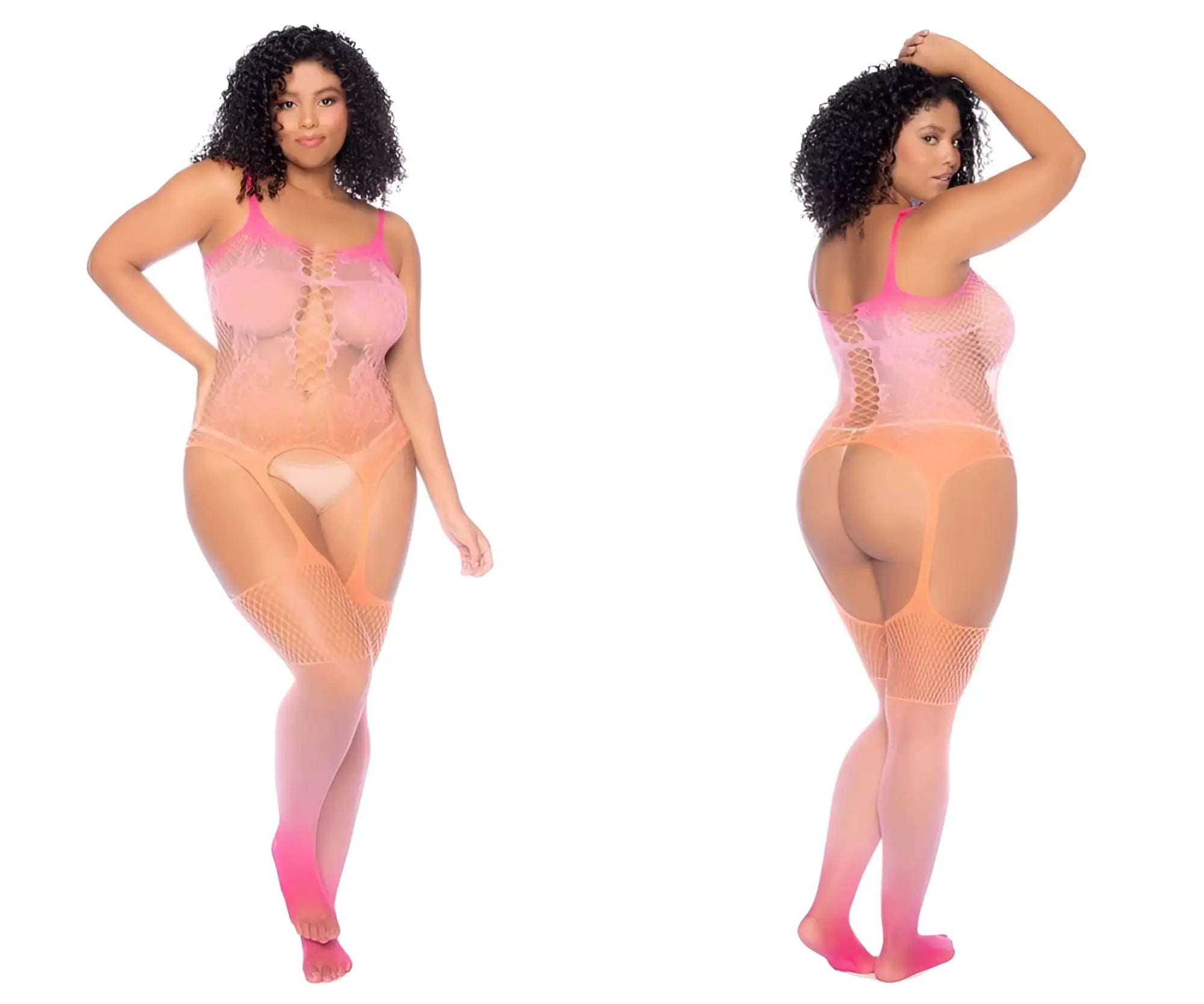 A plus-size woman models a sheer gradient pink to orange fishnet lace-up front bodysuit with leg straps by Mapale