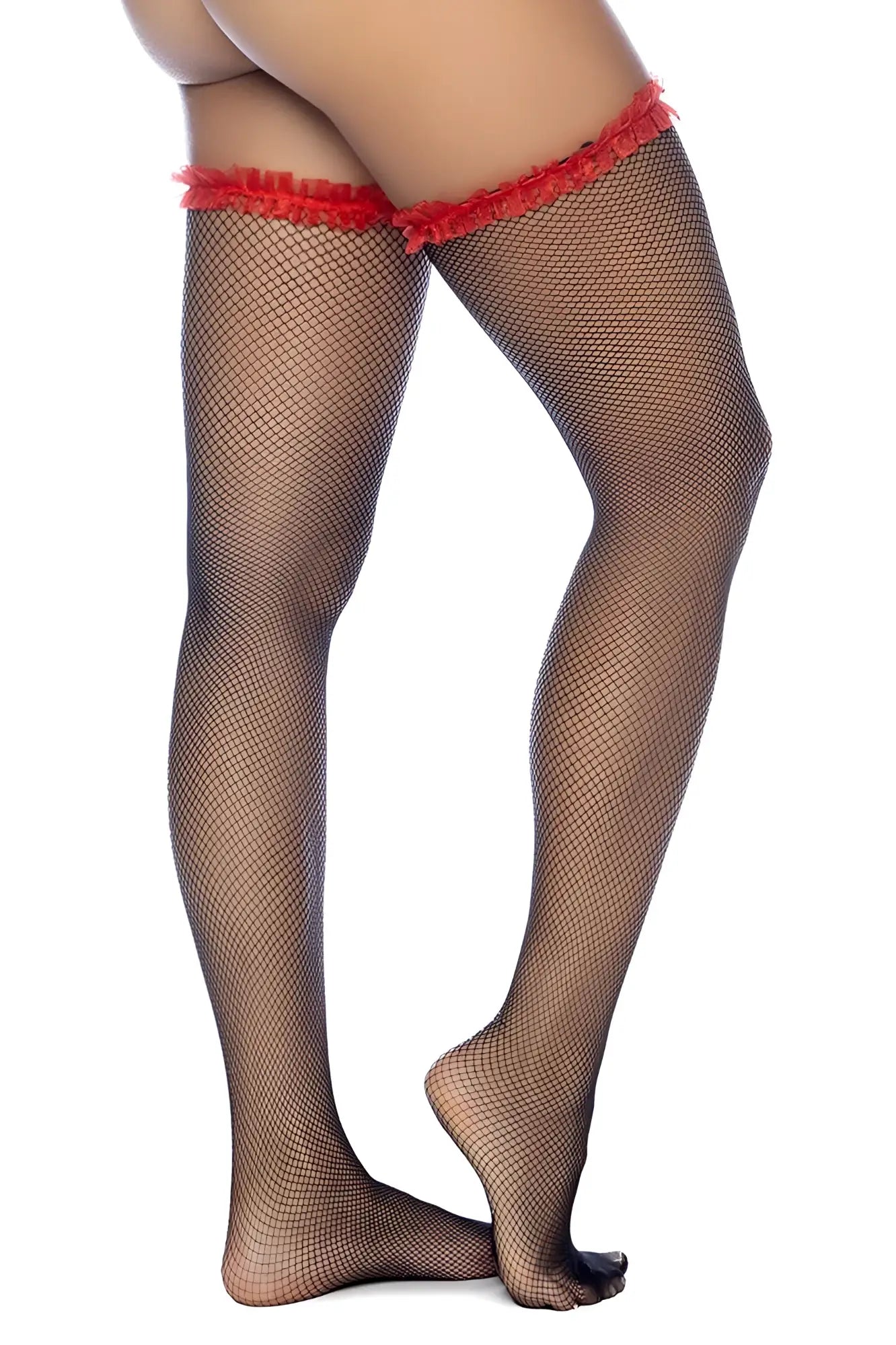 Black fishnet thigh high stockings with red fringed ruffle top edge by Mapale ideal for lingerie looks