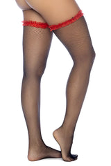 Black fishnet thigh high stockings with red fringed ruffle top edge by Mapale ideal for lingerie looks