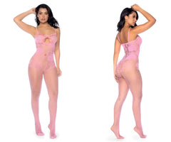Pink lace bodysuit with mesh overlay and cutout detail in bubblegum pink from Mapale 1130 floral fishnet set