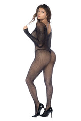Black mapale 1131 long sleeve fishnet bodystocking with sheer sparkly mesh texture and rhinestone accents