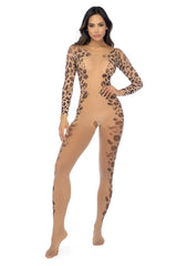 Mapale 1143 long print sleeve leopard mesh bodystocking in tan and brown leopard print with a form-fitting design