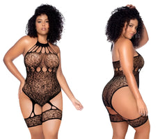 Black lace Mapale 1144X leopard halter fishnet bodysuit with cut-out details and halter neckline in black color