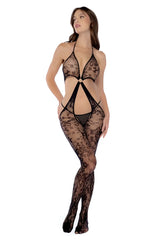 Black lace Mapale 1147 floral fishnet bodystocking with intricate floral patterns and halter neckline in black