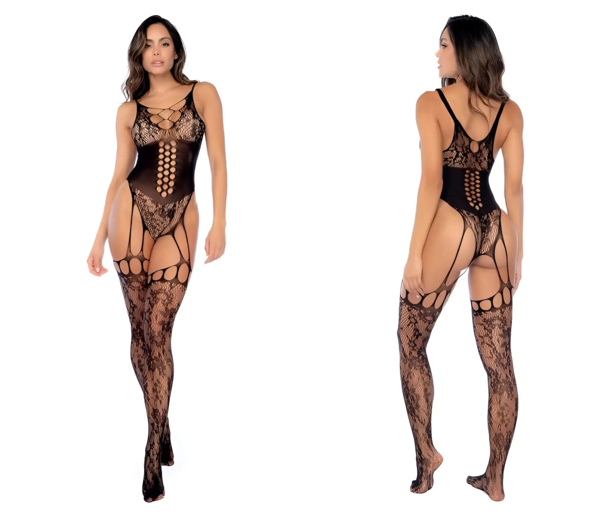 Black lace mapale 1149 floral cincher fishnet bodystocking with intricate mesh and cut-out detailing