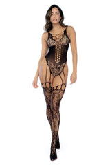 Black lace Mapale 1149 floral cincher fishnet bodystocking with intricate cut-out patterns and corset-style front in black
