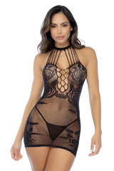 Black lace bodysuit with high neckline and intricate floral patterns in mapale 1150 rose fishnet chemise black color