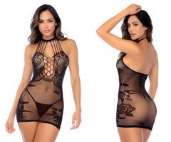 Mapale 1150 rose fishnet chemise black color black lace mesh bodycon dress with intricate floral patterns and halter neckline