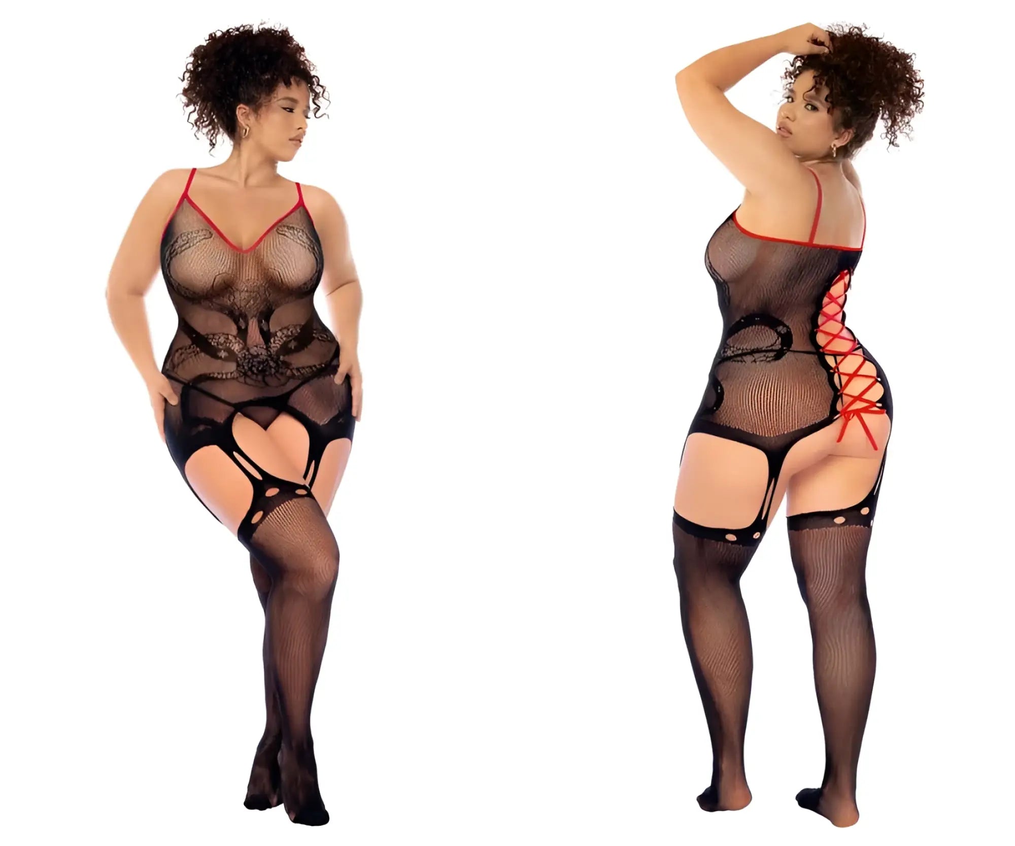 Black red fishnet bodysuit by mapale with snake pattern and lace-up detailing paired with matching thigh-highs