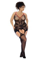 Black lace bodysuit with red trim and cut out design from mapale 1153x snake fishnet bodystocking collection