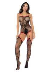 Black mesh bodysuit with red trim and lace detailing from mapale 1154 snake fishnet bodyset in black and red