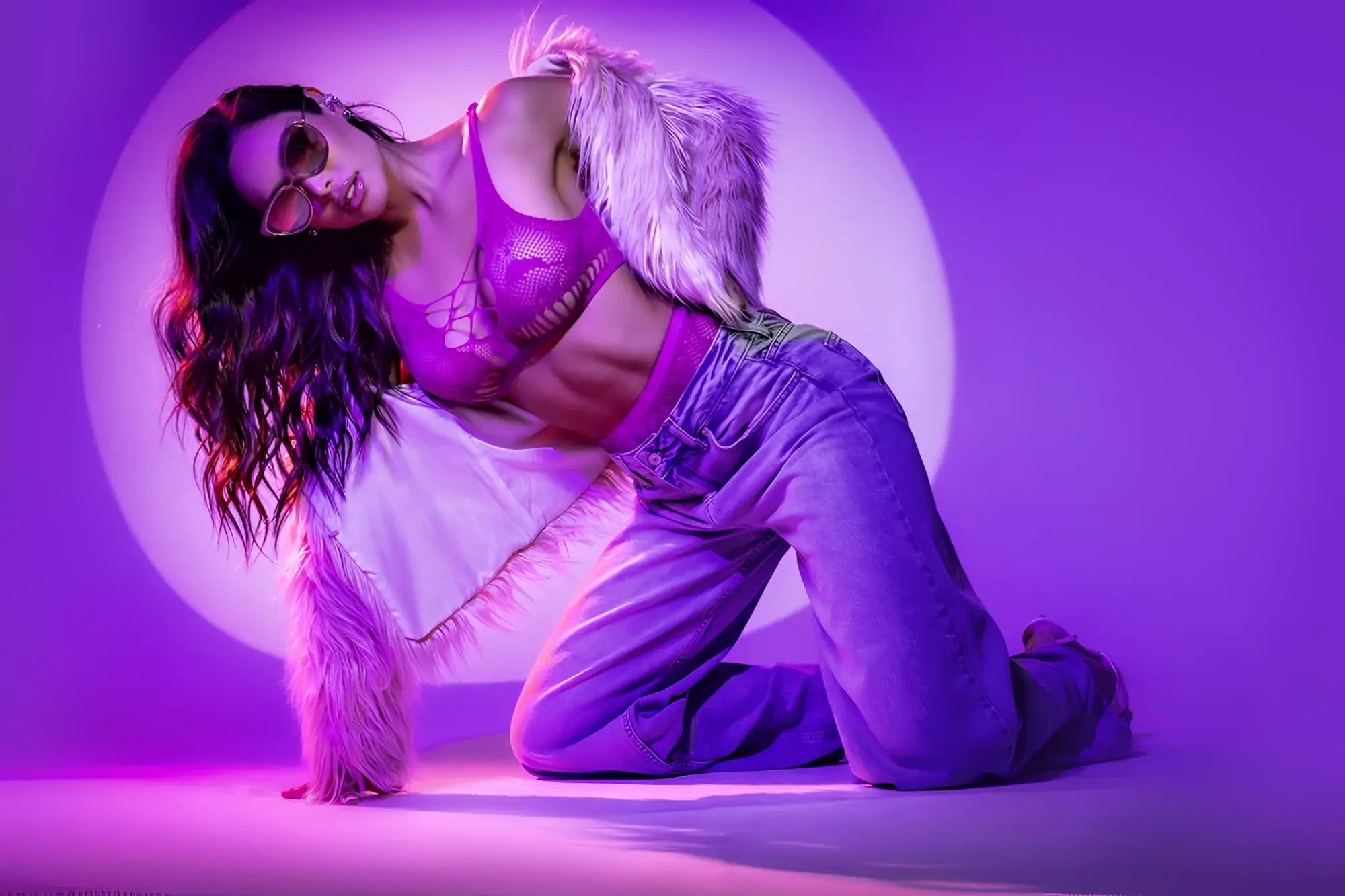 Purple mesh bra with lace-up front and matching purple denim pants from the mapale 1159 floral fishnet two piece set