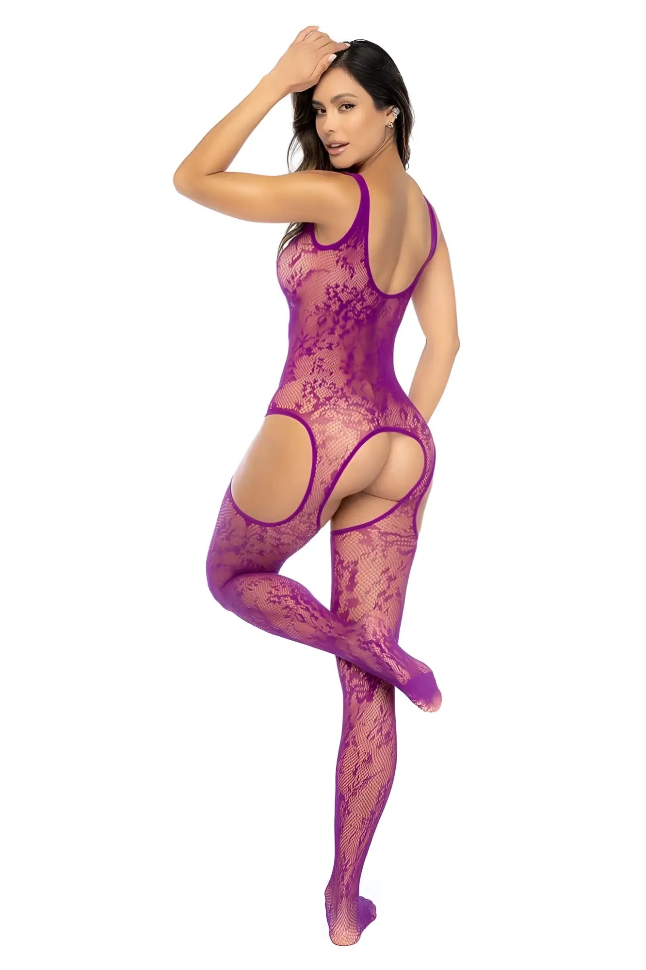 Mapale 1160 floral fishnet bodystocking in pink orchid featuring a vibrant purple lace floral pattern with hip cut-outs