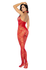 Red heart-patterned mesh body stocking with rhinestone detail by mapale in red color