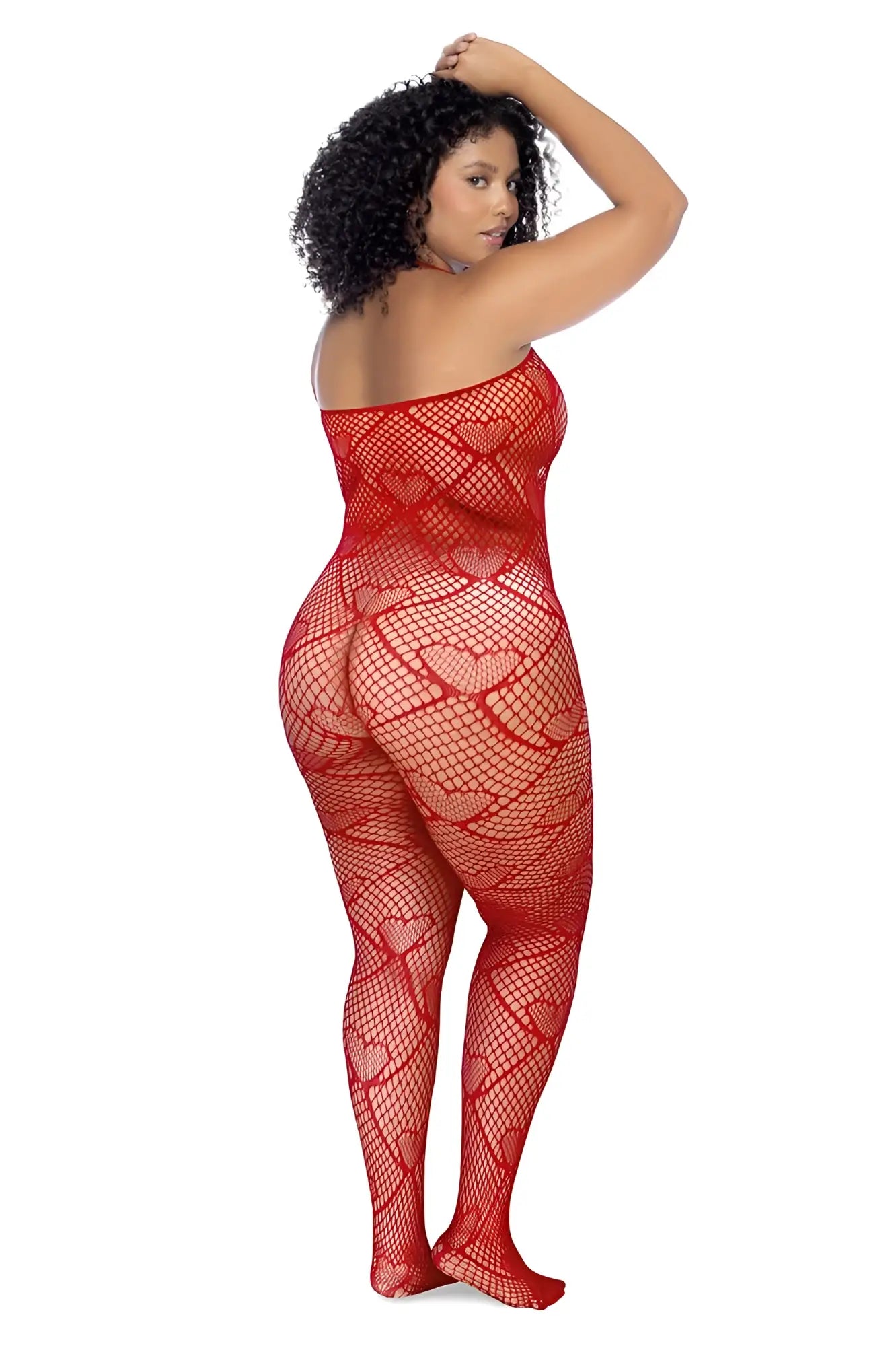 Mapale 1164X red fishnet bodystocking with heart-shaped mesh pattern and rhinestone detail in red color