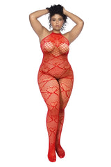 Red heart-patterned fishnet bodysuit with rhinestone detail by Mapale in red color for intimate wear