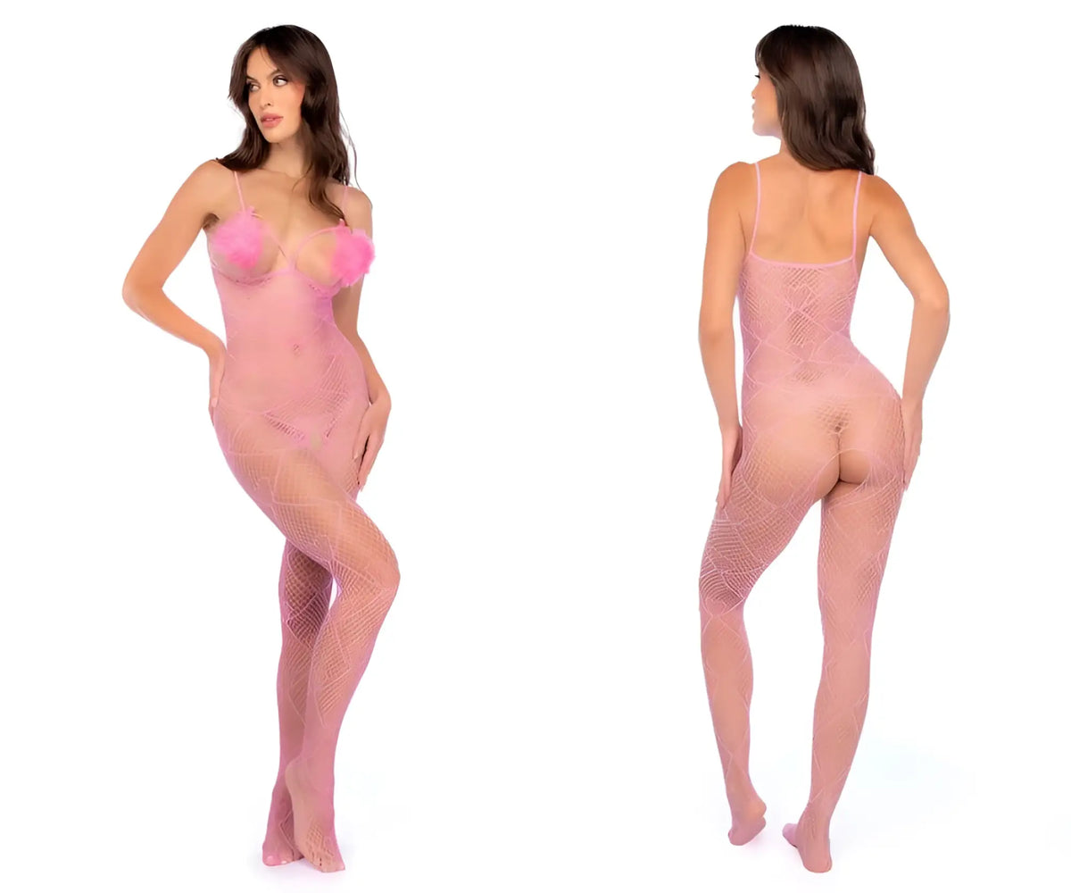 Mapale 1167 feather kiss fishnet bodysuit in bubblegum pink with sheer mesh and fluffy pink bust embellishments