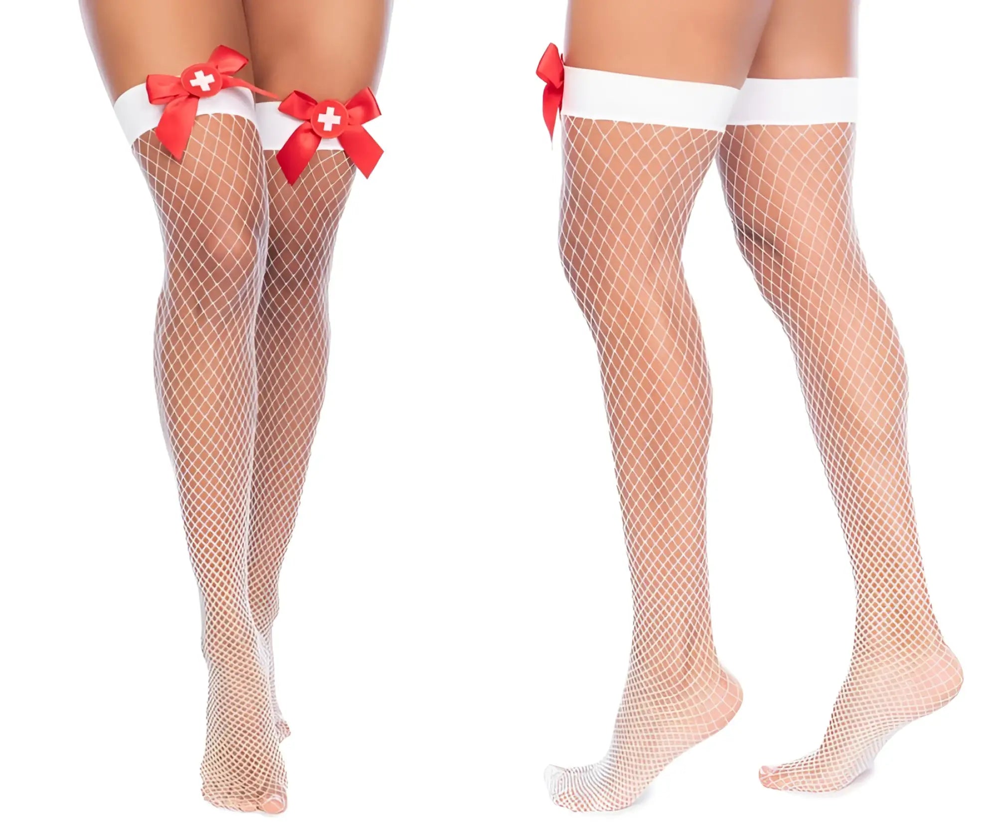 White fishnet thigh-high stockings with red bow accents from Mapale 1172 nurse collection