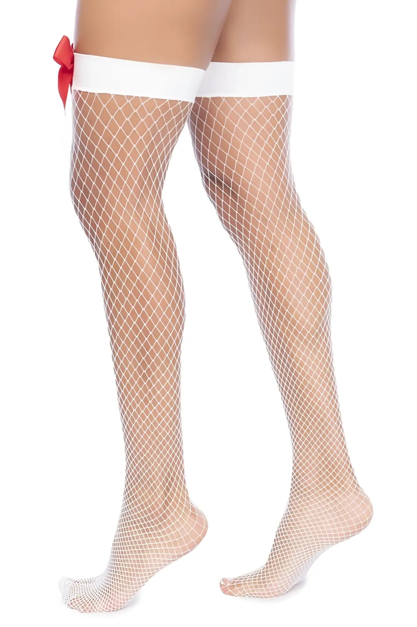 White fishnet thigh high stockings with red bow on the left leg by Mapale 1172 nurse fishnet thigh high color white red