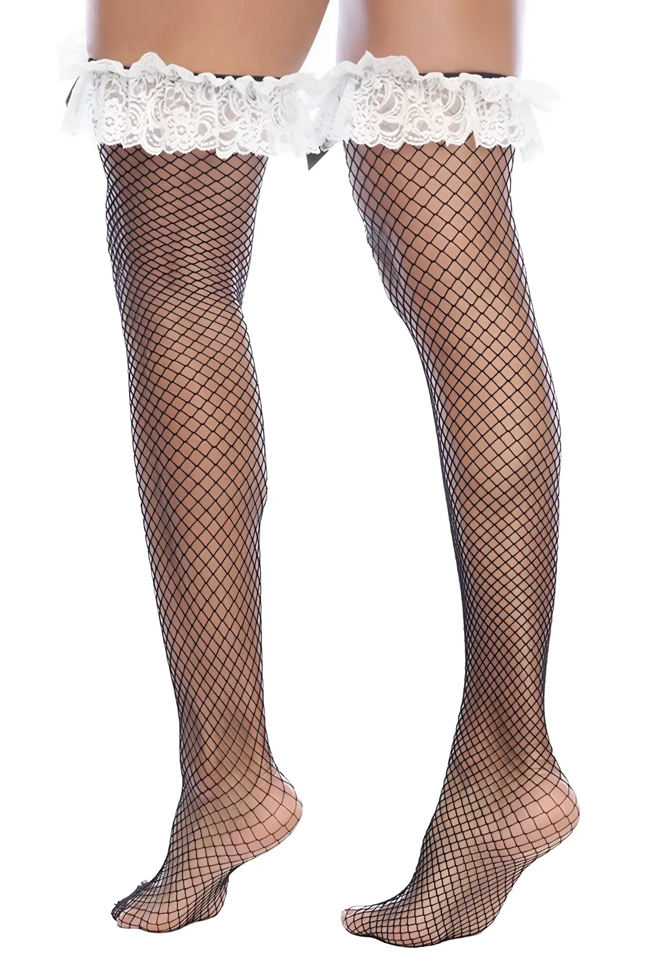 Mapale 1173 maid black fishnet thigh high stockings with white lace trim in a front view display