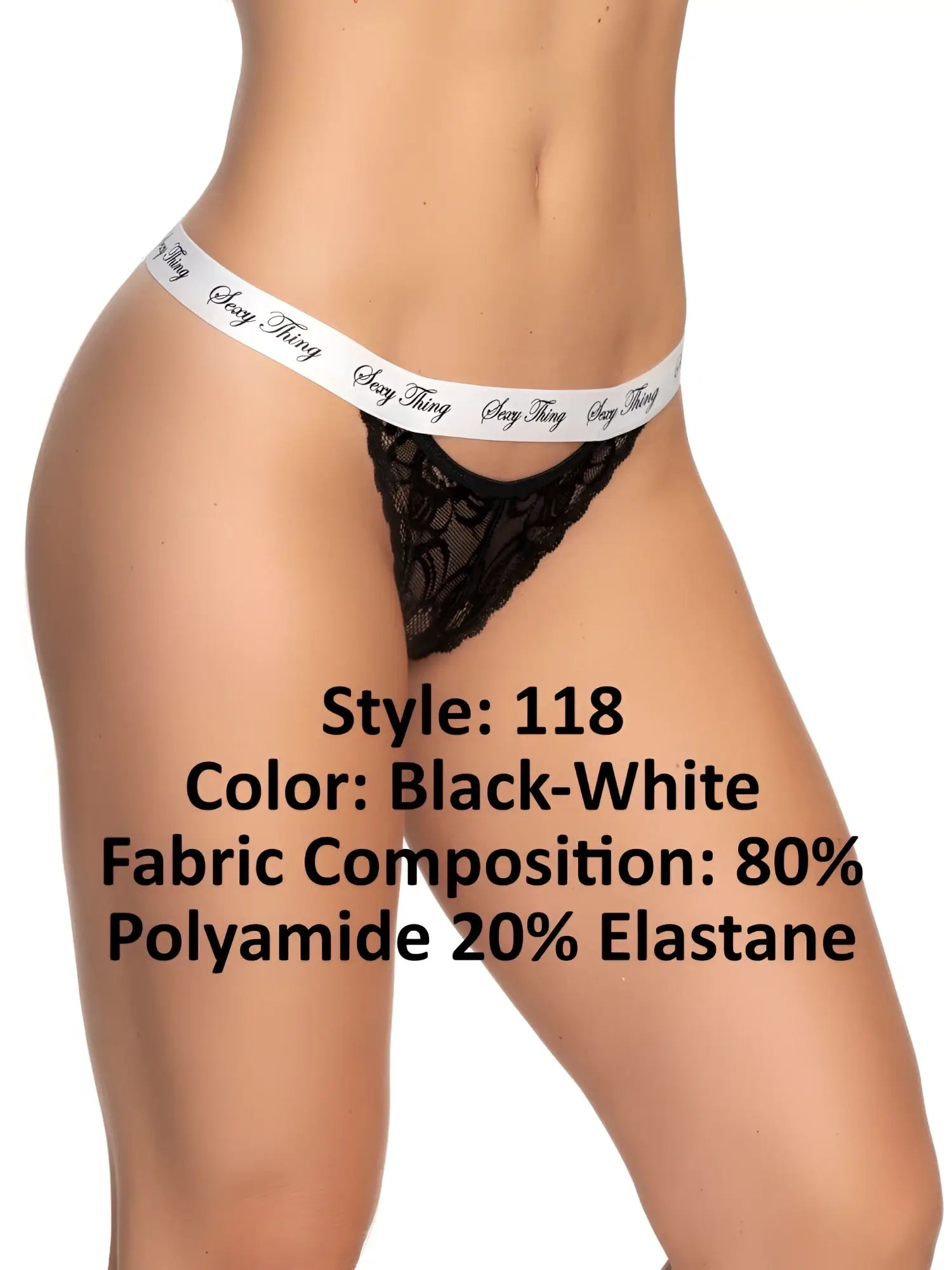 Black lace thong with white elastic waistband and sexy thing logo by mapale 118 lace keyhole panty black-white