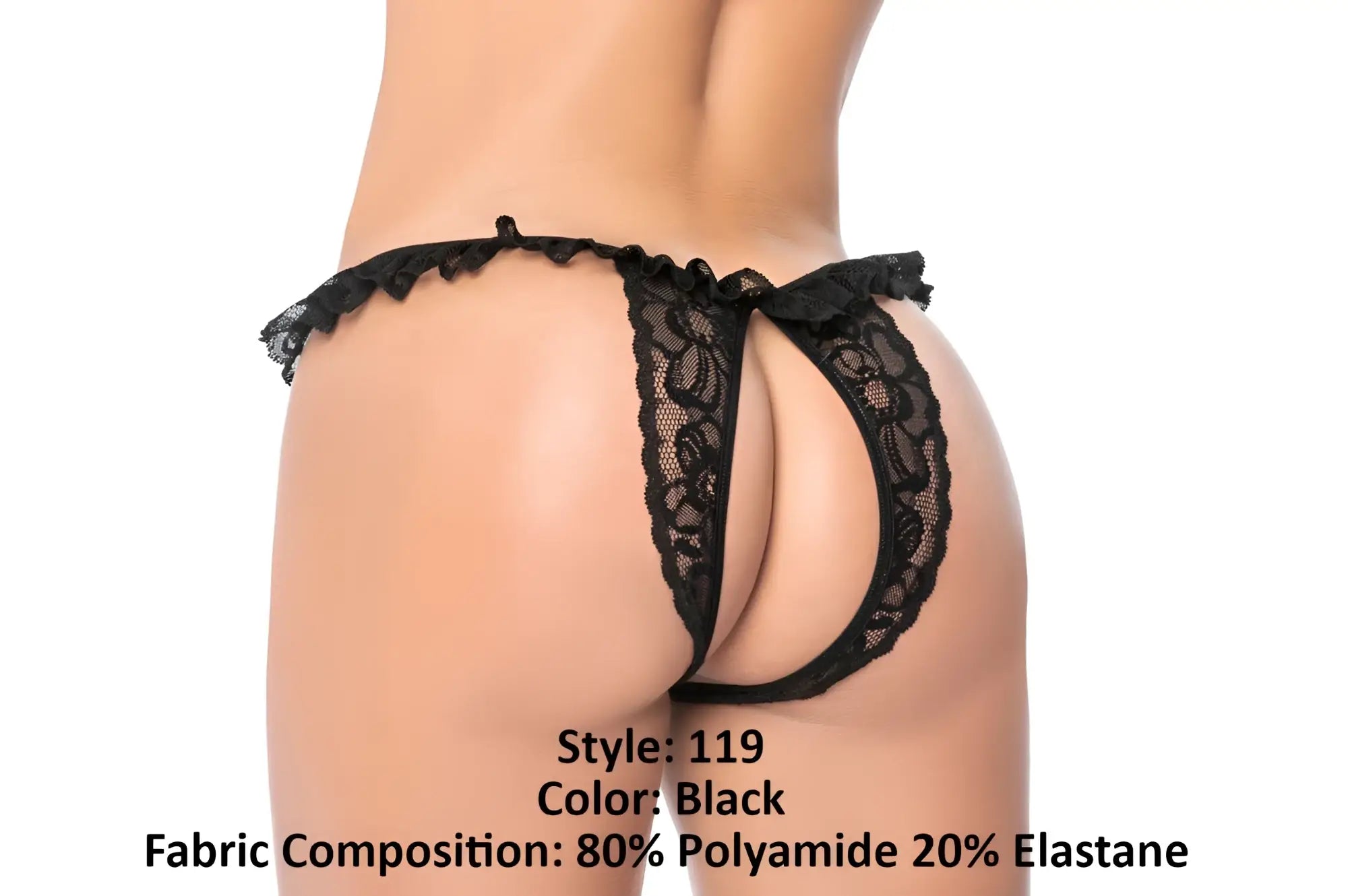 Black lace thong panty by mapale featuring intricate floral patterns and ruffled edges in color black