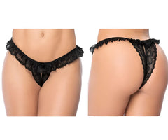 Black lace thong panty by mapale 119 with ruffled trim and delicate floral pattern in black lace material