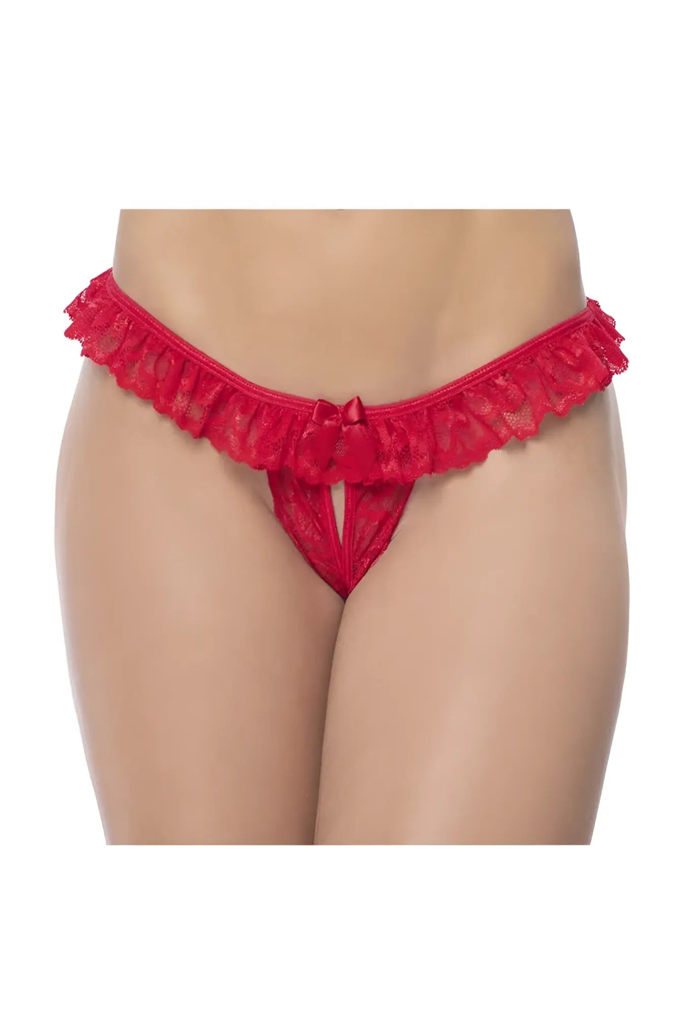 Red lace peek-a-boo panty by mapale with ruffled hem and small bow in red lace thong style
