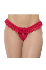 Red lace peek-a-boo panty by mapale with ruffled hem and small bow in red lace thong style